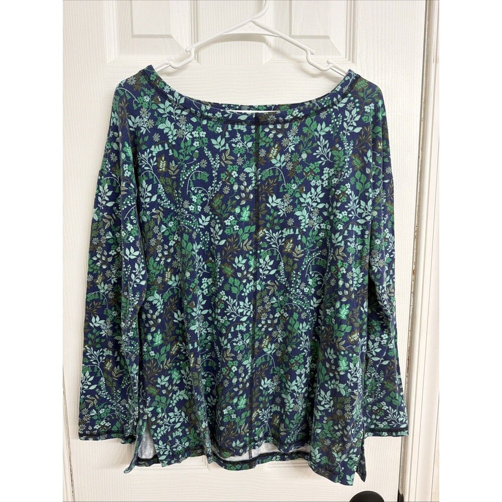 Talbots Women's Green & Blue Floral Long Sleeve Stretchy Wide Neck Tee